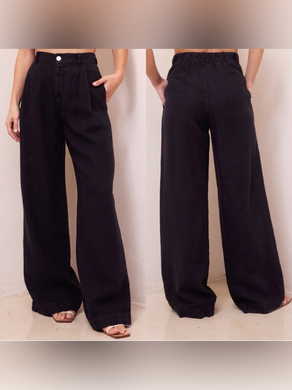 BELLA DAHL 100% Linen Pleated Wide Leg Trouser in Black